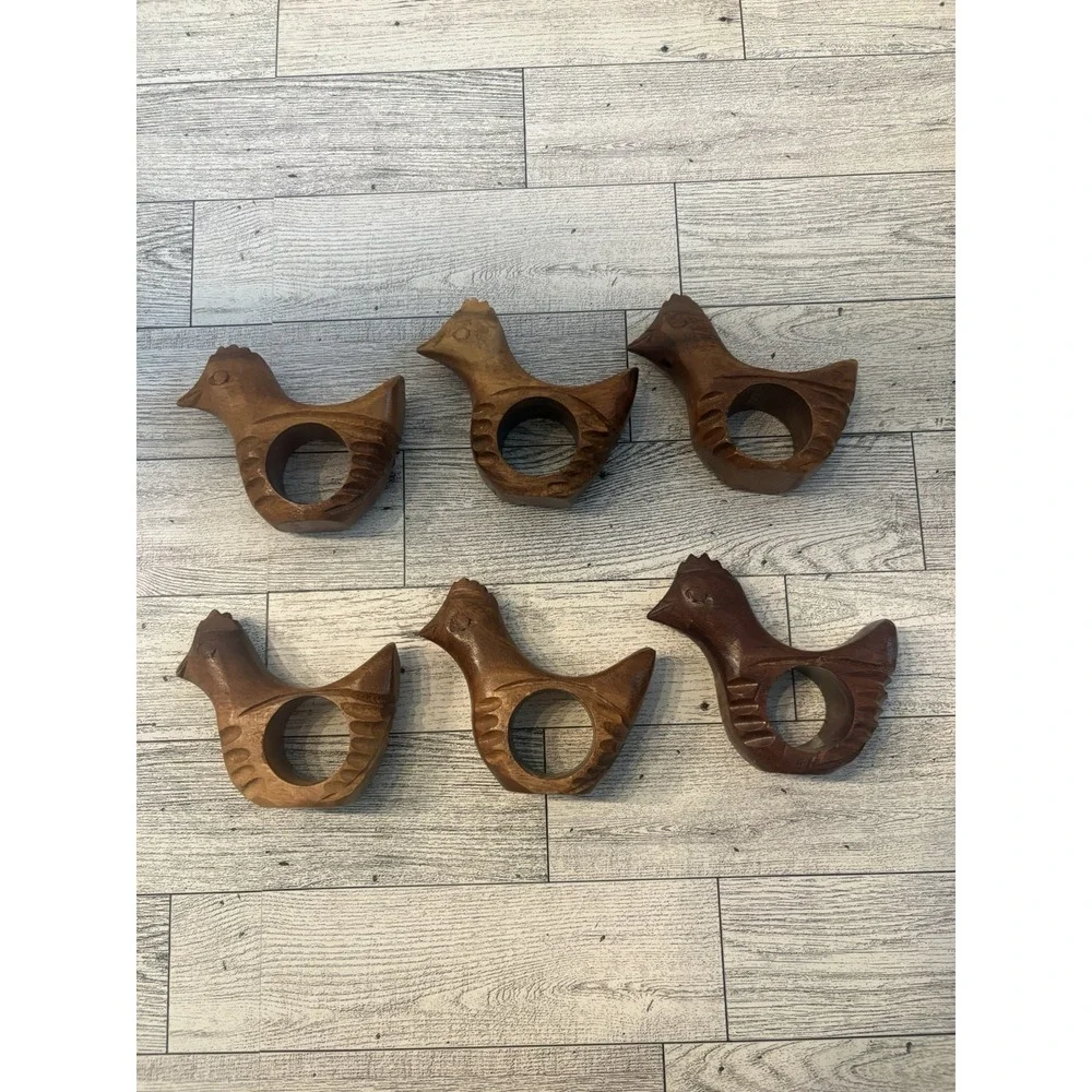 Carved Wood Chicken Napkin Rings Set w/ Holder Stand, Brown, 6 Rings